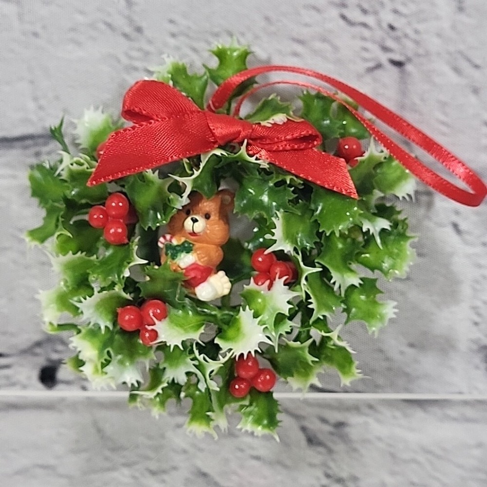 Vintage 90s Christmas Ornament Teddy Bear Holly‎ Wreath Red Bow Holiday Gift